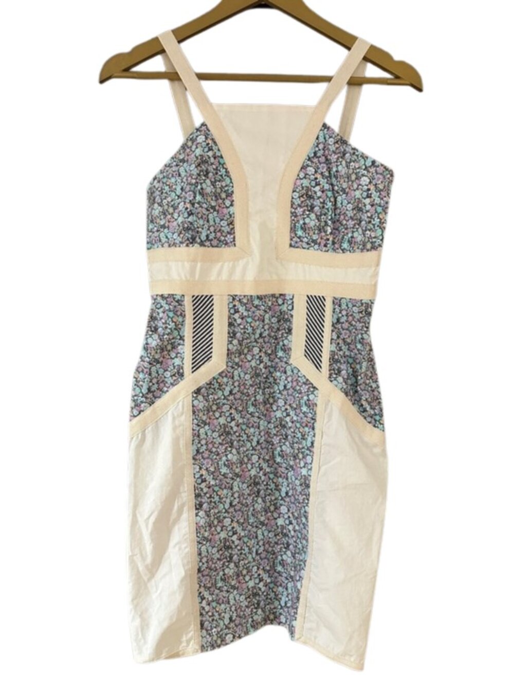 Love Zooey Floral Panel Fit & Flare Dress Cream Trim Sleeveless Feminine Preppy